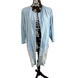 Chicos Eyelet Embroidered Chambray Open Front Jacket Topper